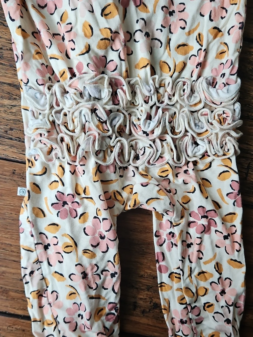 Caden Lane Cream Floral Ruffle Zip Footie in Pink & Yellow 0-3 Months